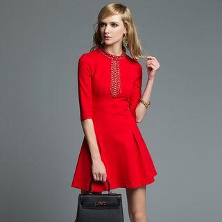 Studded Elbow-sleeve A-line Dress