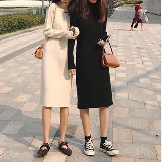 Mock-turtleneck Midi Sheath Knit Dress