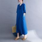 3/4-sleeve Henley Midi Shift Dress