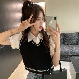Mock Two-piece Cropped Knit Shirt