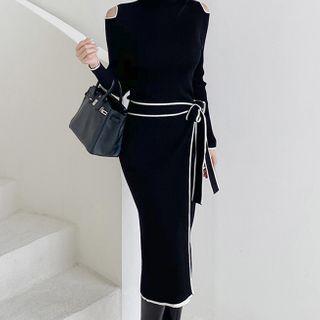 Contrast Trim Cold-shoulder Midi Sheath Dress