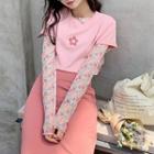 Long-sleeve Floral Top / Short-sleeve Flower Print T-shirt / Midi A-line Skirt