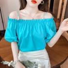Short-sleeve Cold Shoulder Faux Pearl Trim Top
