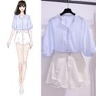 Balloon-sleeve Blouse / Ripped Denim Hot Pants