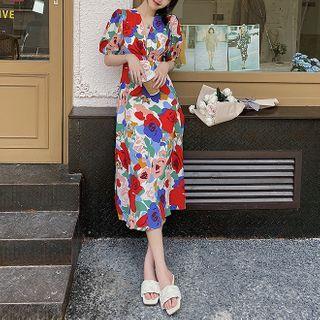 Flower Print Puff-sleeve A-line Midi Dress