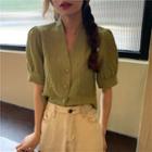 Puff-sleeve Single Breasted Ruffled Blouse