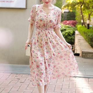 Button-detail Smocked-trim Long Floral Dress