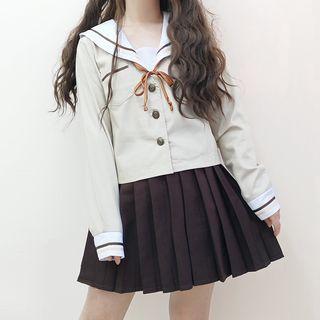 Sailor-collar Shirt / Mini Pleated Skirt / Cardigan / Set