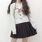 Sailor-collar Shirt / Mini Pleated Skirt / Cardigan / Set