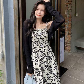 Asymmetrical Leaf Print Camisole Top / Spaghetti Strap Leaf Print Midi Dress / Long-sleeve Cardigan