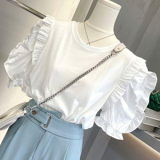 Short-sleeve Ruffle Blouse / Straight Leg Pants
