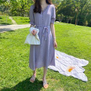Short-sleeve Sashed Midi A-line Dress Purple - One Size