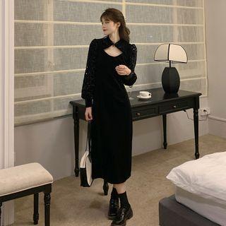 Mandarin Collar Sequined Midi A-line Dress