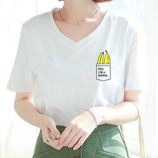 Short-sleeve V-neck Banana Print T-shirt