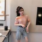 Short-sleeve Cold Shoulder Striped T-shirt / Asymmetric Ripped Frayed Hem Denim Shorts / Set