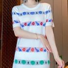 Short-sleeve Jacquard Mini A-line Knit Dress Red & Green & Blue Jacquard - White - One Size