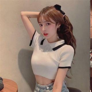 Short Sleeve Contrast Trim Crop Polo Shirt