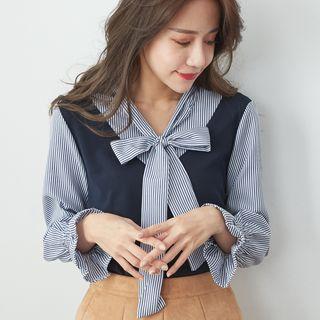 Mock Two Piece Bow Neck Blouse Blue - One Size
