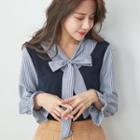 Mock Two Piece Bow Neck Blouse Blue - One Size