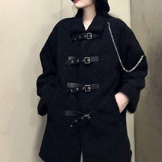 Fleece Buckled Long Coat / Rabbit Ear Trapper Hat