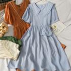 Peter Pan-collar Plain Midi Dress With Mini Pouch In 5 Colors