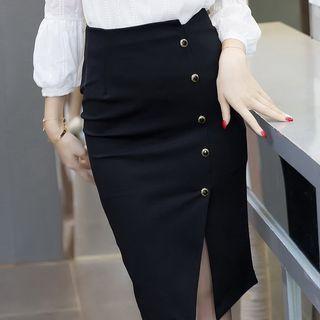 Buttoned Slit Fitted Skirt