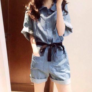 Short-sleeve Collar Denim Romper