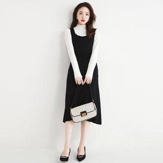 Set: Long-sleeve Mock-neck Top + Sleeveless Knit Midi A-line Dress
