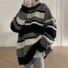 Striped Linen Flower Sweater Stripe - One Size