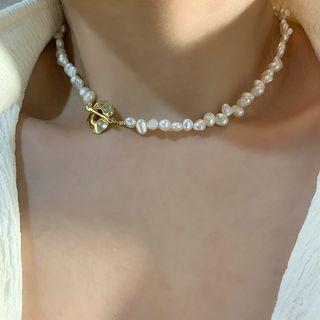 Flower Alloy Freshwater Pearl Choker 43cm - White & Gold - One Size