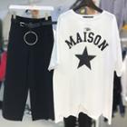 Set: Distressed 3/4-sleeve T-shirt + High Waist Cropped Wide-leg Pants