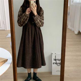 Plaid Shirt / Corduroy Midi A-line Overall Dress
