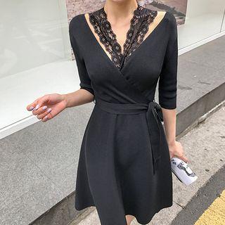 Lace-trim Wrap Dress With Sash