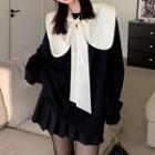 Lapel Bow Color Block Long-sleeve Sweatshirt Black - One Size