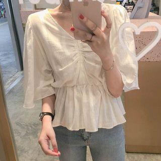 V-neck Elbow-sleeve Peplum Top White - One Size