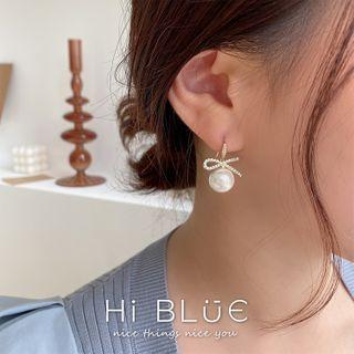 Rhinestone Bow Faux Pearl Dangle Earring 1 Pair - Gold - One Size