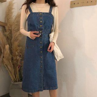 Washed Midi Denim Pinafore Dress As Shown In Figure - One Size