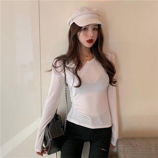Diagonal-buttoned Long-sleeve T-shirt