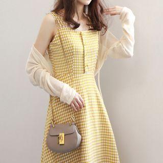 Spaghetti Strap Plaid A-line Midi Dress / Cropped Sheer Cardigan