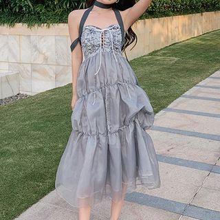 Halter-neck Lace-up Shirred A-line Dress