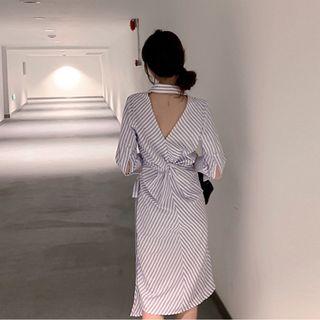 Striped 3/4-sleeve Wrap Shirtdress