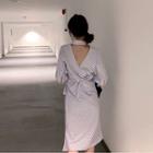 Striped 3/4-sleeve Wrap Shirtdress