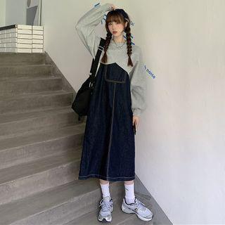 Puff-sleeve Sweatshirt / Denim Jumper Dress