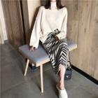 Plain Turtle-neck Loose-fit Sweater / Zebra Print Skirt