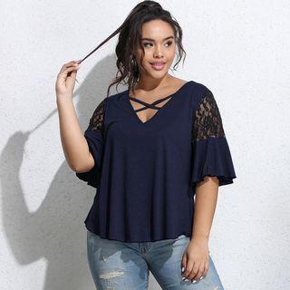 Plus Size Short-sleeve Lace Panel V-neck Top