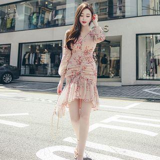 Long-sleeve Floral Print Ruched Mini Mermaid Chiffon Dress