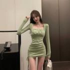 Long-sleeve Square-neck Drawstring Mini Bodycon Dress