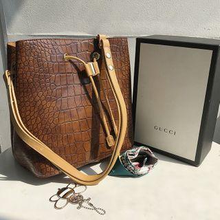 Croc-grain Bucket Bag With Scarf