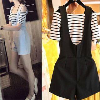 Set: Stripe Off-shoulder Short-sleeve Top + Short Dungaree