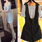 Set: Stripe Off-shoulder Short-sleeve Top + Short Dungaree